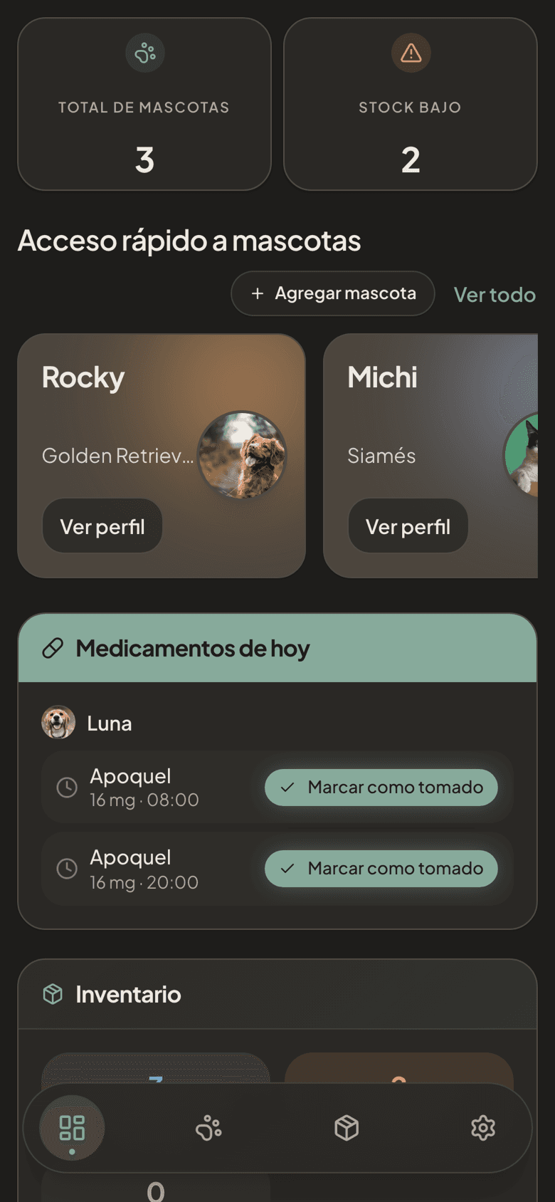 MagnoPaws dashboard on a phone: total pets, quick access to Rocky and Michi, and Luna's medications for today