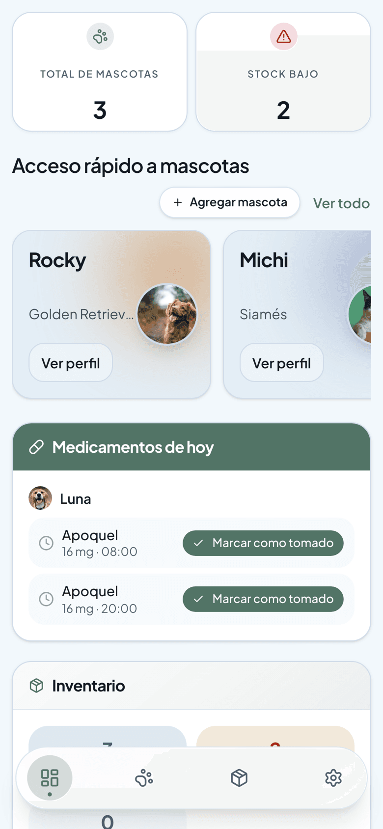 MagnoPaws dashboard on a phone: total pets, quick access to Rocky and Michi, and Luna's medications for today
