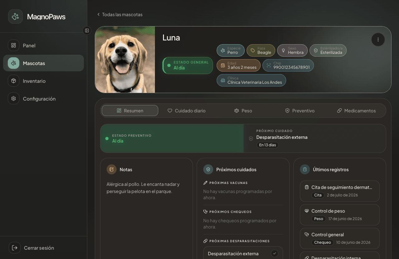Luna's profile in MagnoPaws with her overall status up to date, upcoming care, and latest records
