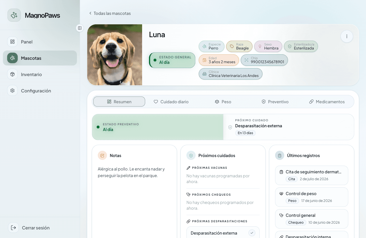 Luna's profile in MagnoPaws with her overall status up to date, upcoming care, and latest records